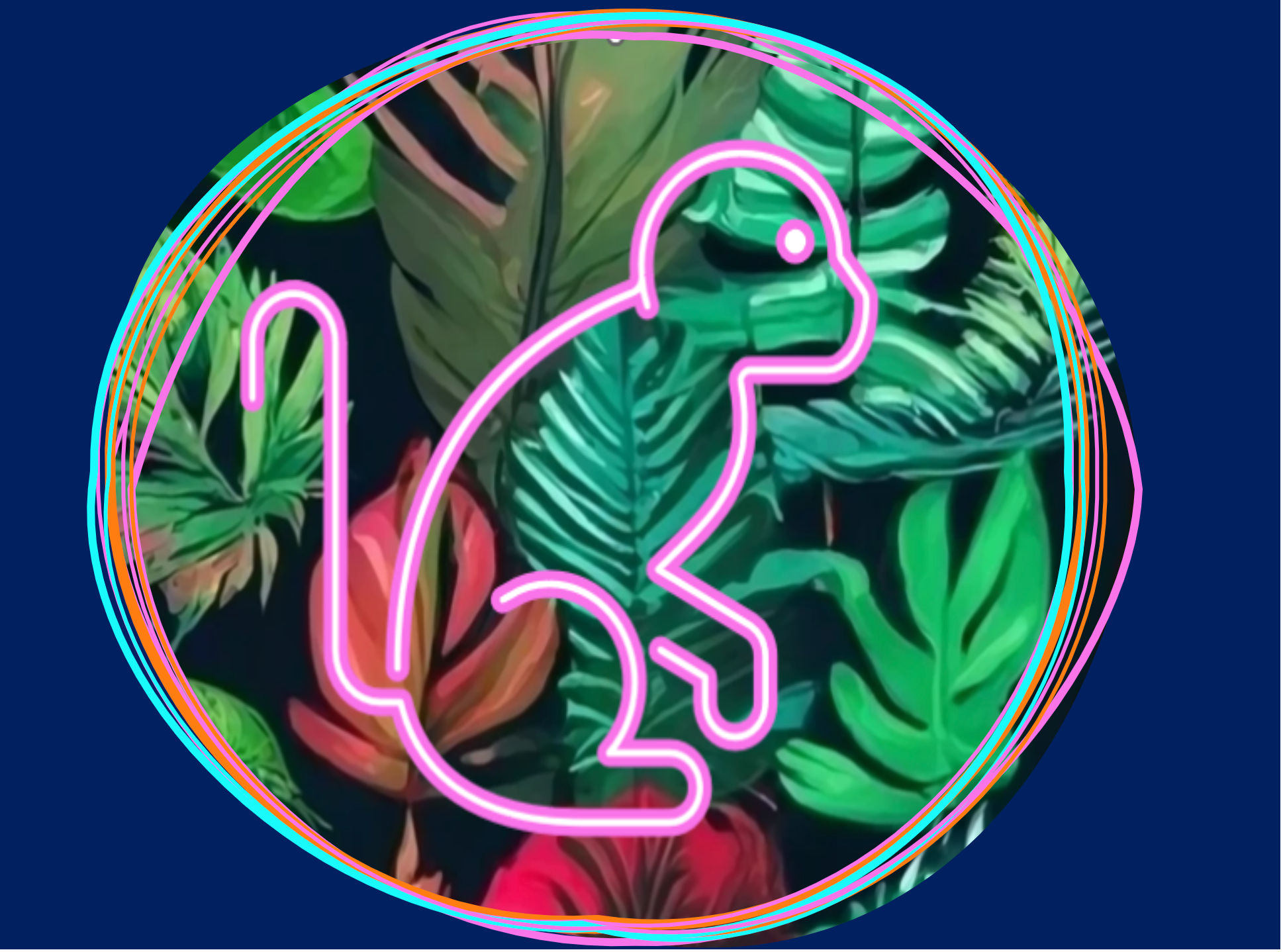A neon monkey icon with dark, gem-toned leaves in the background.